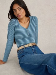 White Stuff Blue Halley Rib Stripe Henley Top - Image 4 of 6