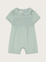 Monsoon Green Baby Smocked Satin Romper - Image 1 of 3