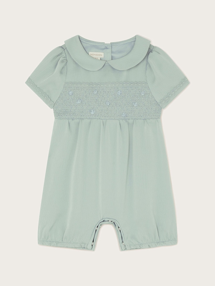 Monsoon Green Baby Smocked Satin Romper - Image 1 of 3