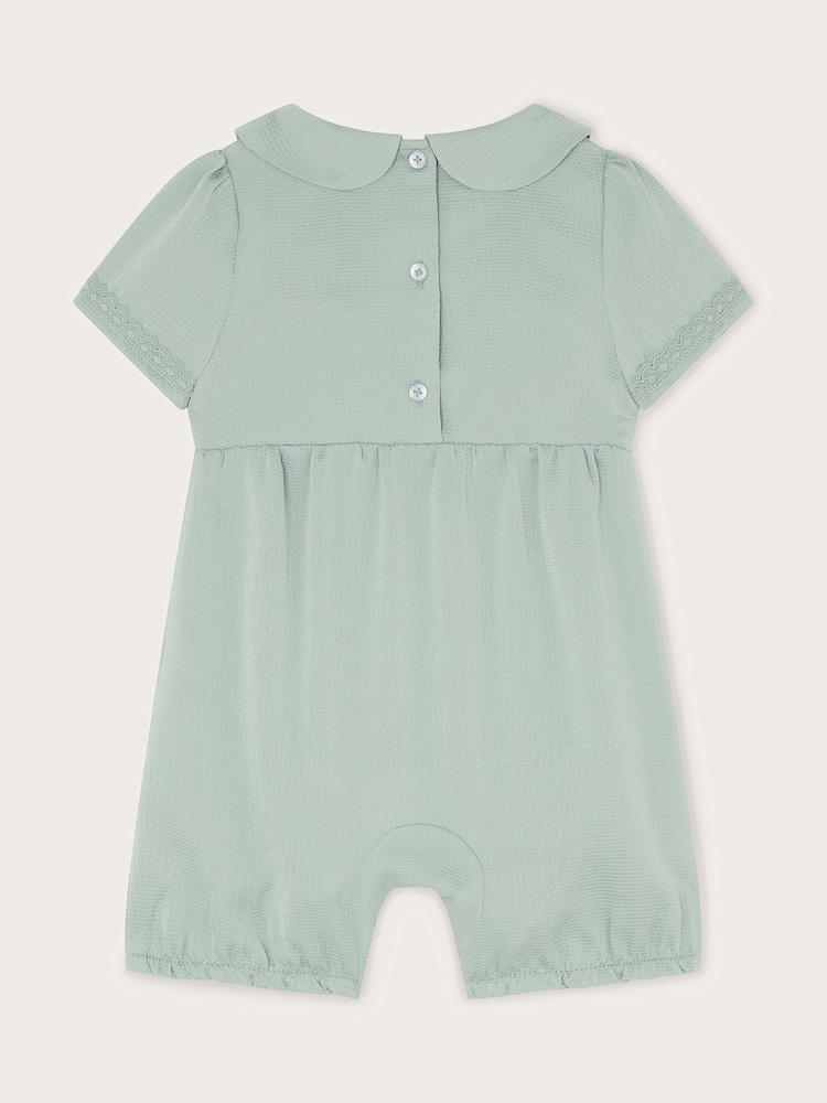 Monsoon Green Baby Smocked Satin Romper - Image 2 of 3