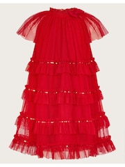 Monsoon Red Sequin Bow Ruffle Trapeze Dress - Image 1 of 3