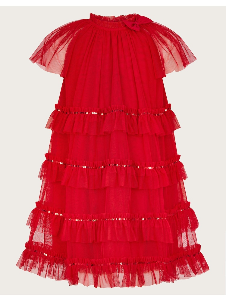 Monsoon Red Sequin Bow Ruffle Trapeze Dress - Image 1 of 3