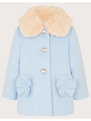 Monsoon Blue Baby Bow Faux Fur Collar Coat - Image 1 of 4