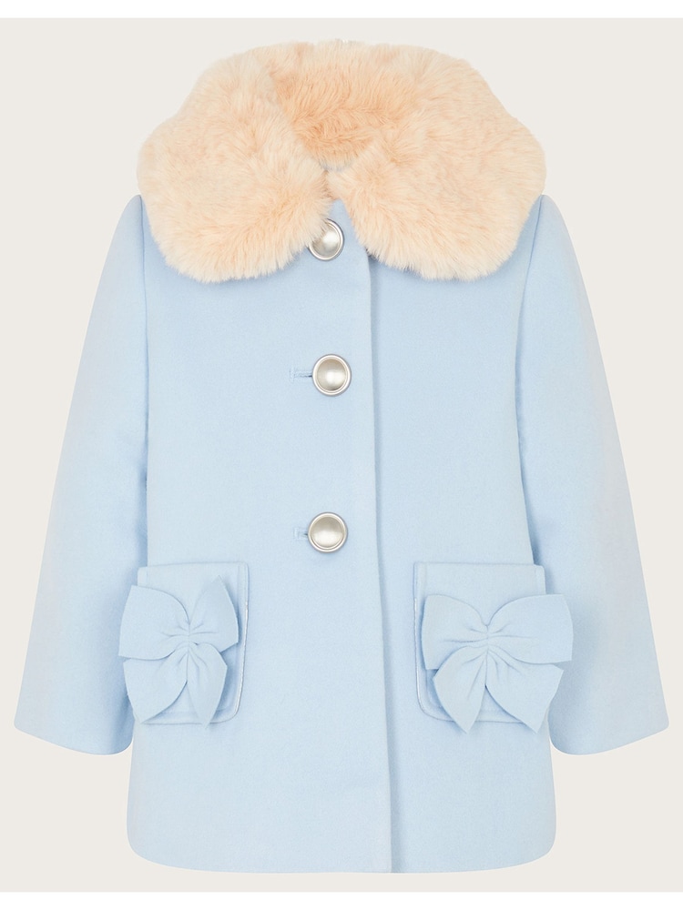 Monsoon Blue Baby Bow Faux Fur Collar Coat - Image 1 of 4