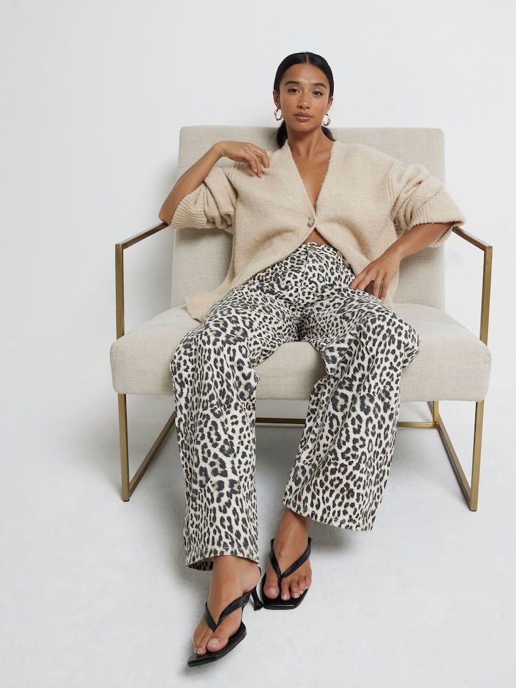 River Island Brown Petite Relaxed High Rise Straight Leopard Print 100% Cotton Jeans - Image 1 of 5