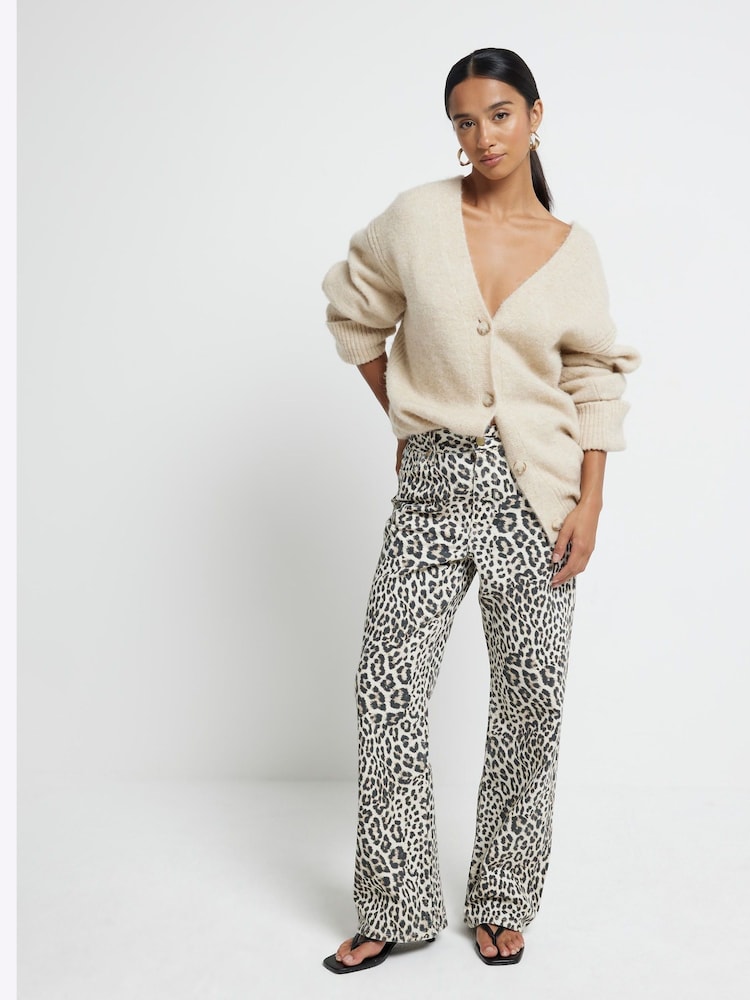 River Island Brown Petite Relaxed High Rise Straight Leopard Print 100% Cotton Jeans - Image 2 of 5