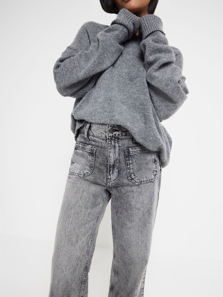 River Island Grey Petite High Rise 100% Cotton Wide Leg Jeans - Image 2 of 5 River Island Grey Petite High Rise 100% Cotton Wide Leg Jeans - Image 2 of 5