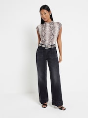 River Island Black Petite High Rise Wide Leg 100% Cotton Jeans - Image 1 of 4