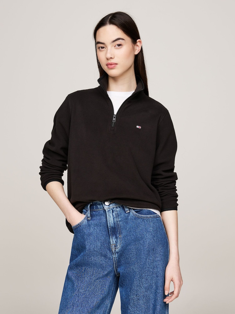 Tommy Jeans Regular Fit Flag Polar 1/4 Zip Black Sweatshirt - Image 1 of 5