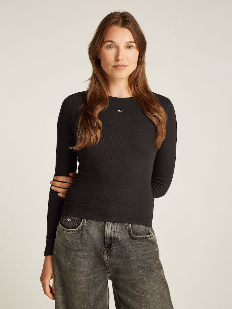Tommy Jeans Essential Slim Fit Rib Long-Sleeved Black T-Shirt - Image 1 of 1