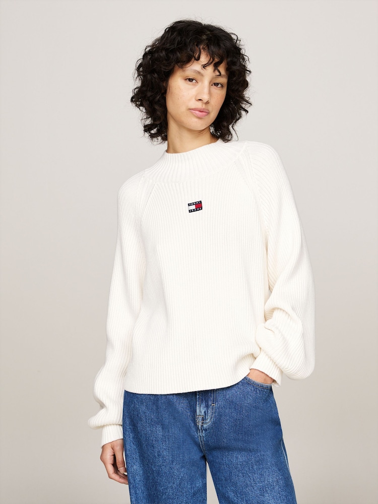 Tommy Jeans Badge Mock Nexk White Sweater - Image 1 of 5 Tommy Jeans Badge Mock Nexk White Sweater - Image 1 of 5
