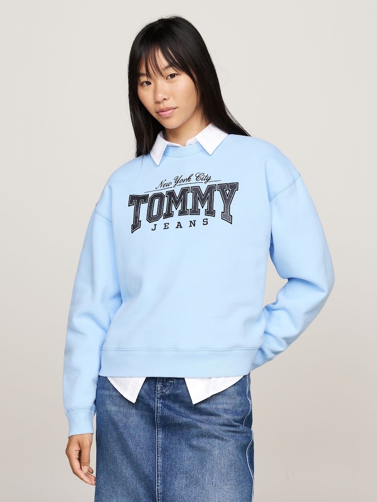 Tommy Jeans Blue Boxy Glitter Varsity Crew Neck Hoodie - Image 1 of 5