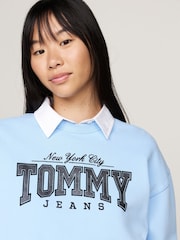 Tommy Jeans Blue Boxy Glitter Varsity Crew Neck Hoodie - Image 4 of 5