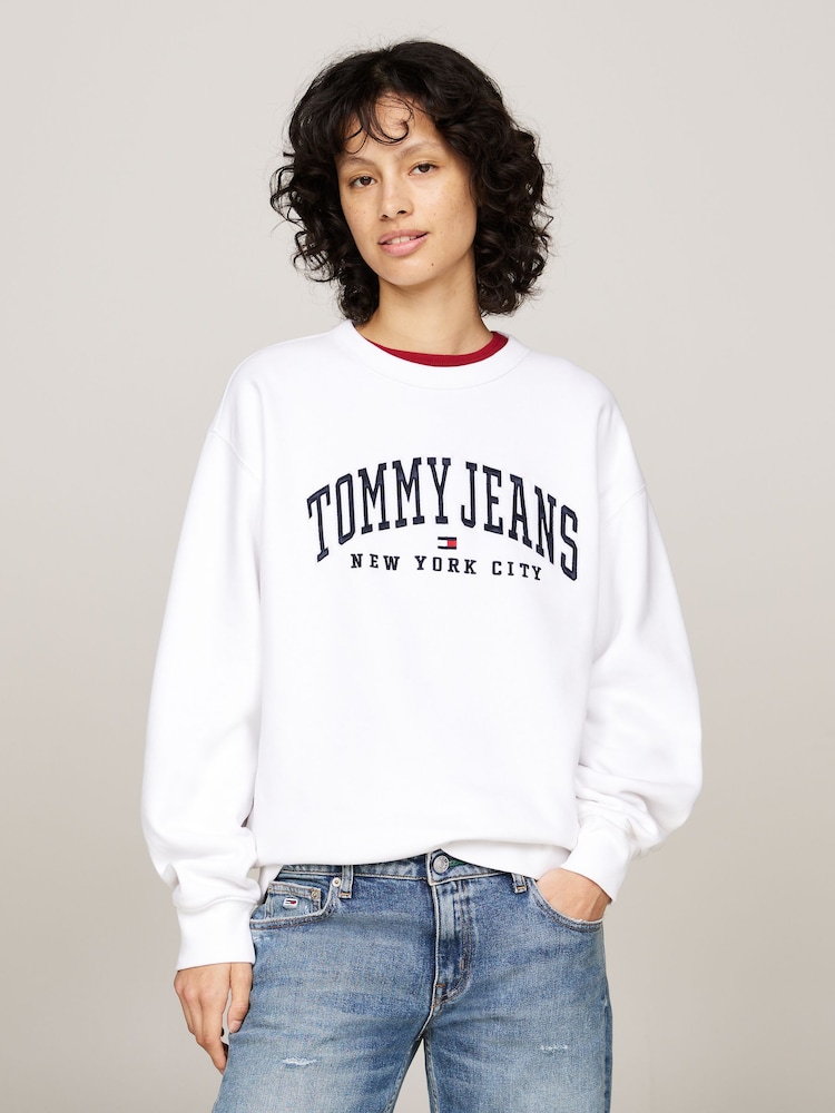 Tommy Jeans Relaxed Varsity Crew Neck White Sweatshirt - Image 1 of 5 Tommy Jeans Relaxed Varsity Crew Neck White Sweatshirt - Image 1 of 5