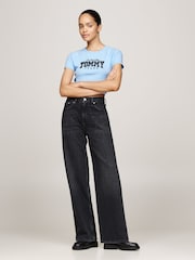 Tommy Jeans Blue Slim Fit Cropped Glitter Varsity 100% Cotton T-Shirt - Image 2 of 7