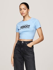 Tommy Jeans Blue Slim Fit Cropped Glitter Varsity 100% Cotton T-Shirt - Image 4 of 7