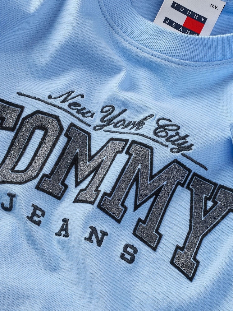 Tommy Jeans Blue Slim Fit Cropped Glitter Varsity 100% Cotton T-Shirt - Image 7 of 7