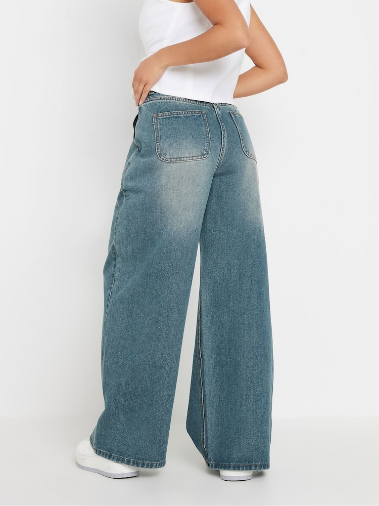 PixieGirl Petite Blue Vintage Patch Pocket Wide Leg 100% Cotton Jeans - Image 3 of 5