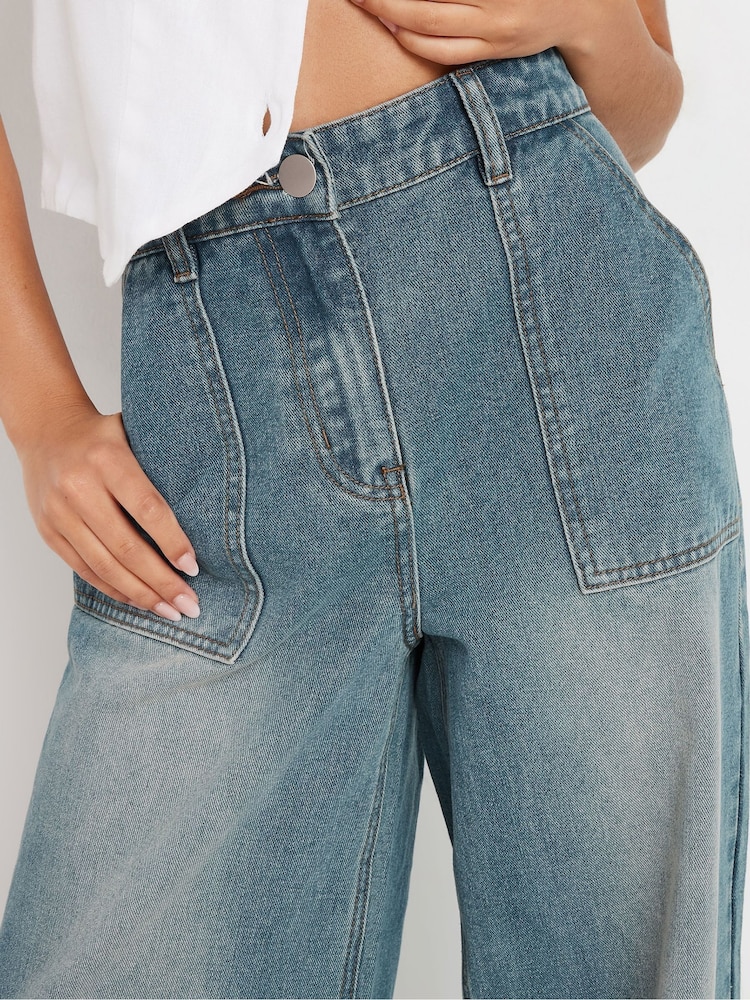 PixieGirl Petite Blue Vintage Patch Pocket Wide Leg 100% Cotton Jeans - Image 4 of 5