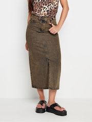 PixieGirl Petite Brown Acid Wash 100% Cotton Midi Skirt - Image 2 of 5