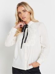 PixieGirl Petite Cream Tie Neck Lace Trim Blouse - Image 1 of 4