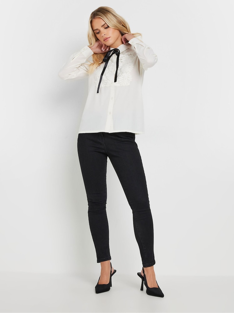 PixieGirl Petite Cream Tie Neck Lace Trim Blouse - Image 2 of 4