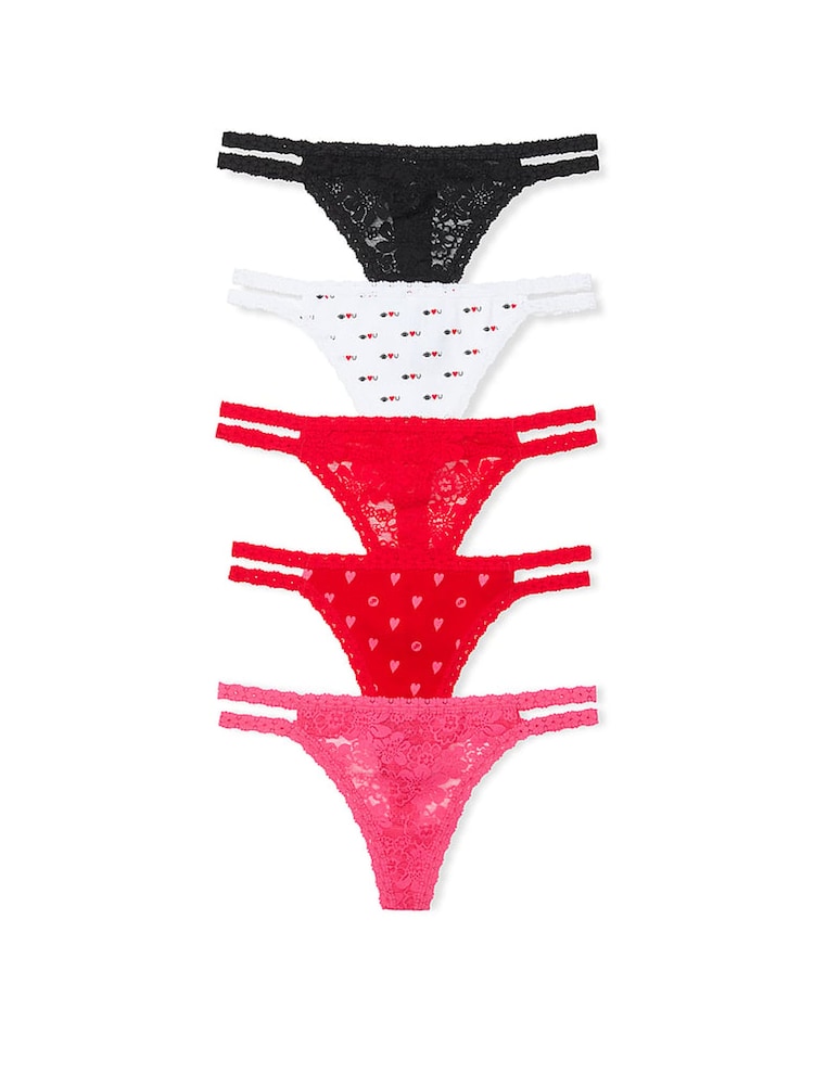 Victoria's Secret PINK Black/White/Red/Pink Thong 5 Pack Knickers - Image 1 of 3