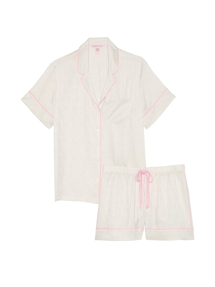Victoria's Secret Coconut White Heart Pocket Satin Short Pyjama Set - Image 3 of 3