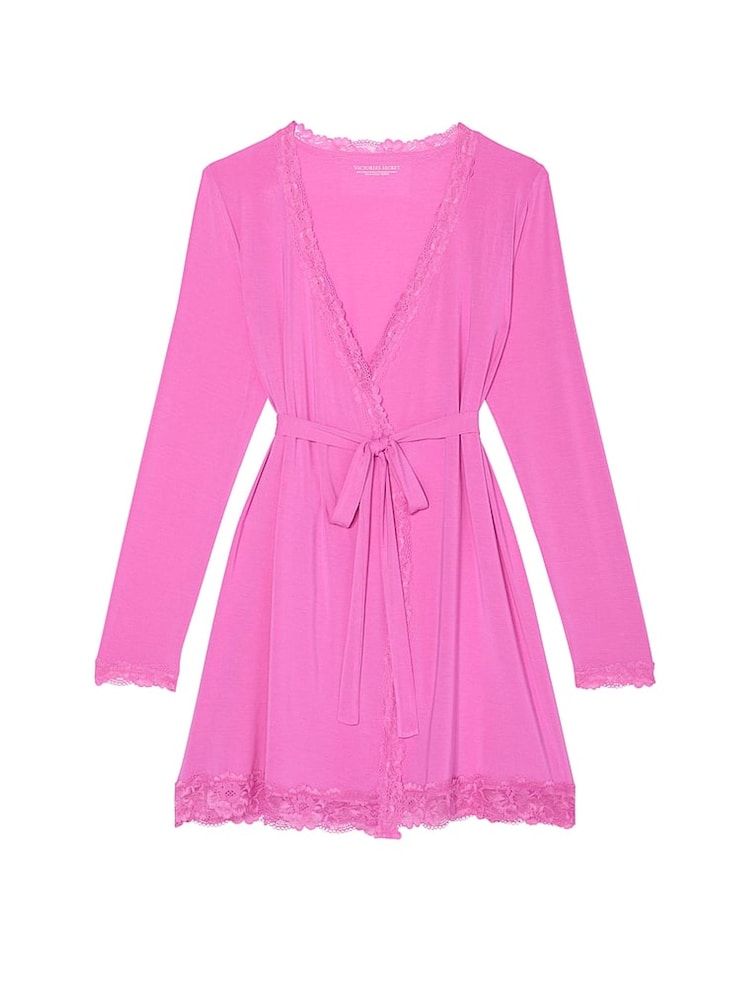 Victoria's Secret New Peony Pink Modal Lace Trim Robe - Image 3 of 3