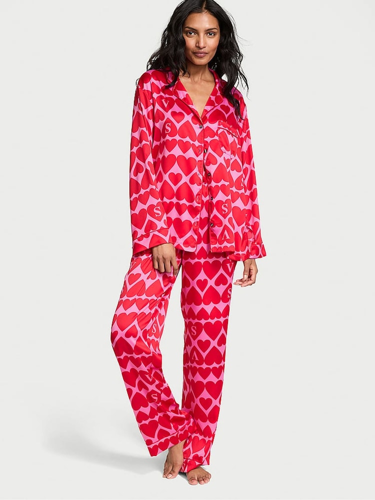 Victoria's Secret New Peony & Lipstick Pink Hearts Satin Long Pyjama Set - Image 1 of 3