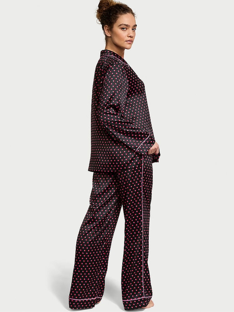 Victoria's Secret Black & Pink Two Tone Hearts Satin Long Pyjama Set - Image 2 of 4