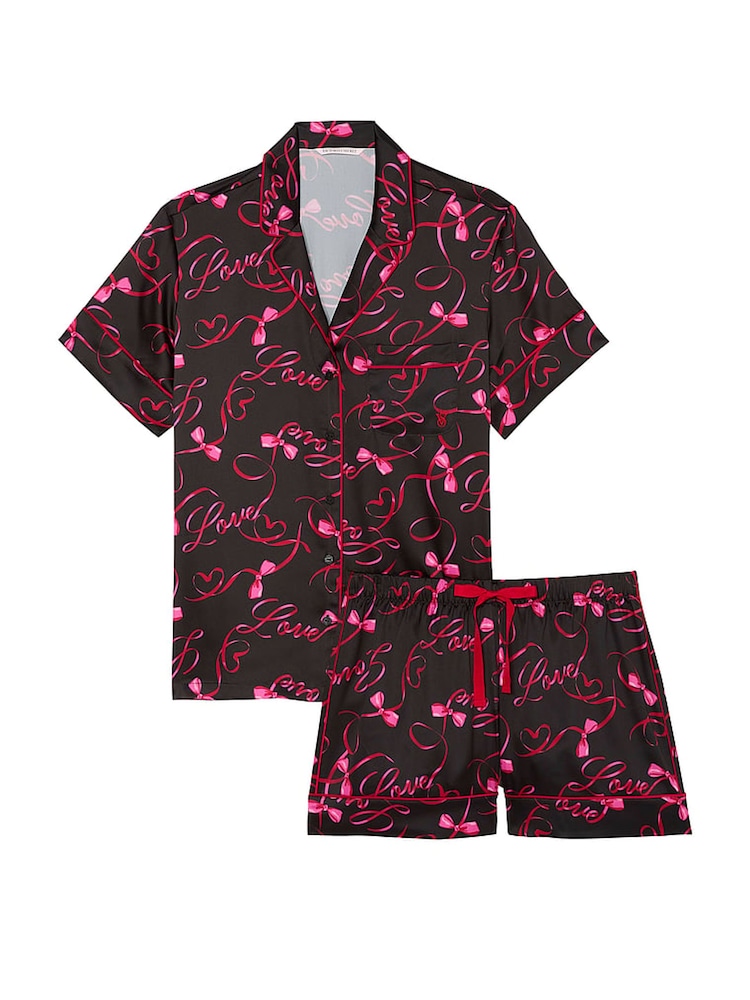 Victoria's Secret Black Love Script Satin Short Pyjama Set. - Image 3 of 3