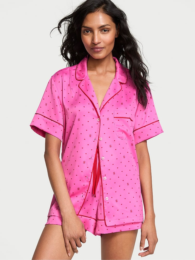 Victoria's Secret New Peony Pink Logo Hearts Satin Short Pyjama Set - Image 1 of 3