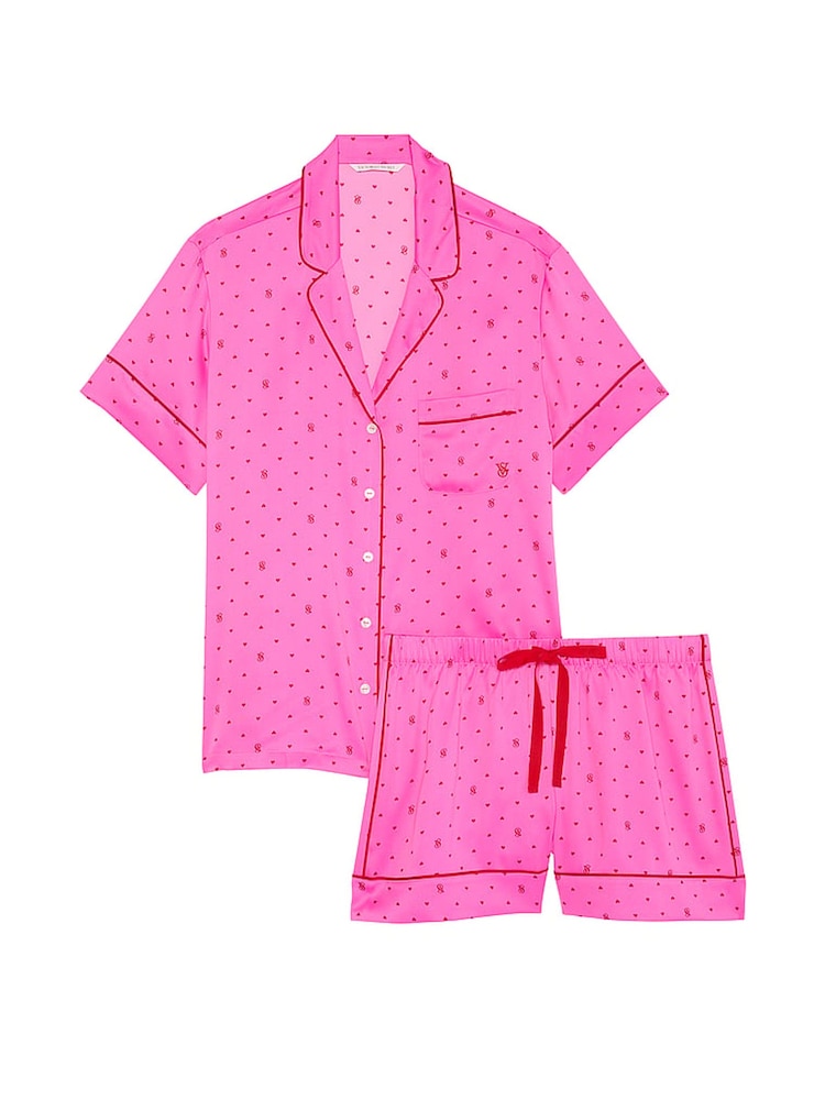 Victoria's Secret New Peony Pink Logo Hearts Satin Short Pyjama Set - Image 3 of 3