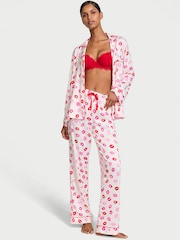 Victoria's Secret Coconut White/ Lipstick Pink Kisses Satin Long Pyjama Set - Image 1 of 3