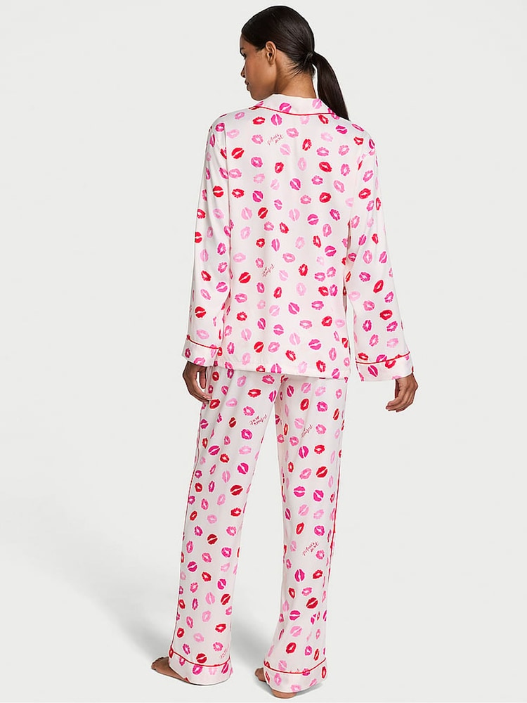 Victoria's Secret Coconut White/ Lipstick Pink Kisses Satin Long Pyjama Set - Image 2 of 3