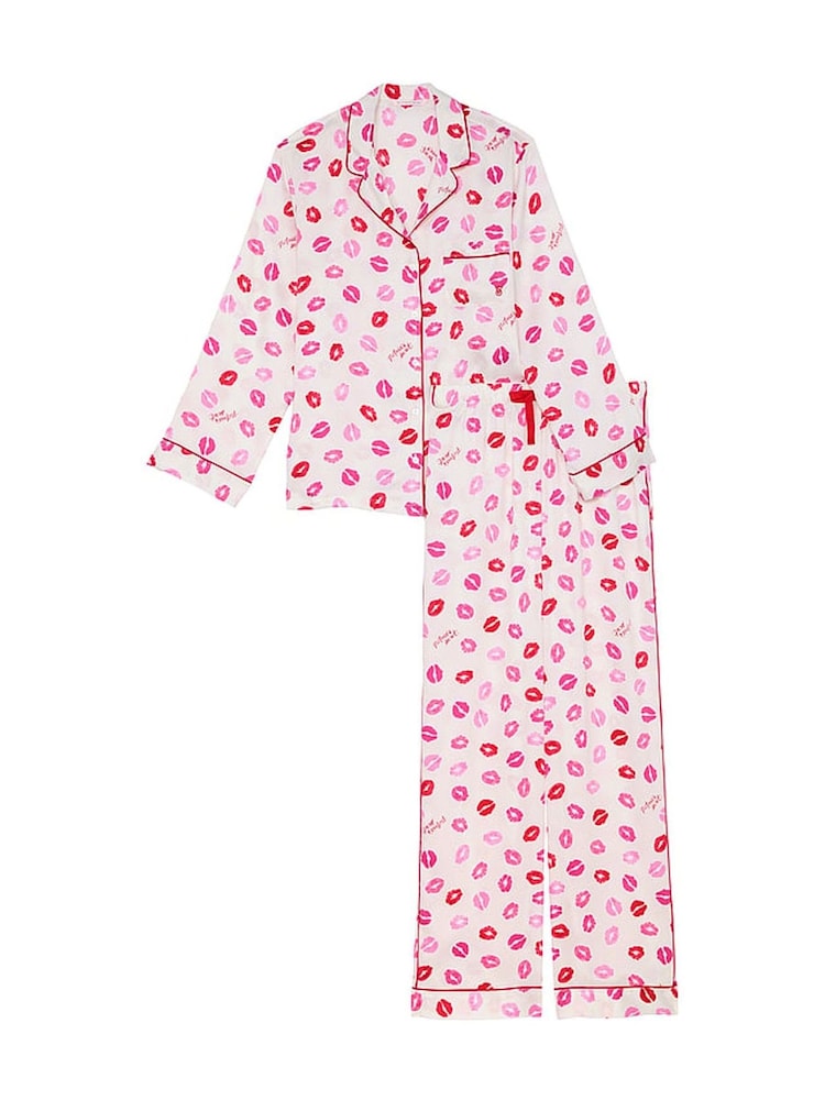 Victoria's Secret Coconut White/ Lipstick Pink Kisses Satin Long Pyjama Set - Image 3 of 3