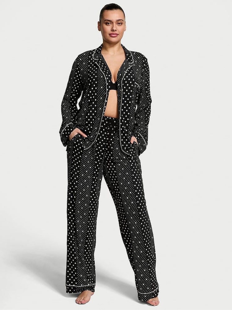 Victoria's Secret Black Dotted Stripe Modal Long Pyjama Set - Image 1 of 3