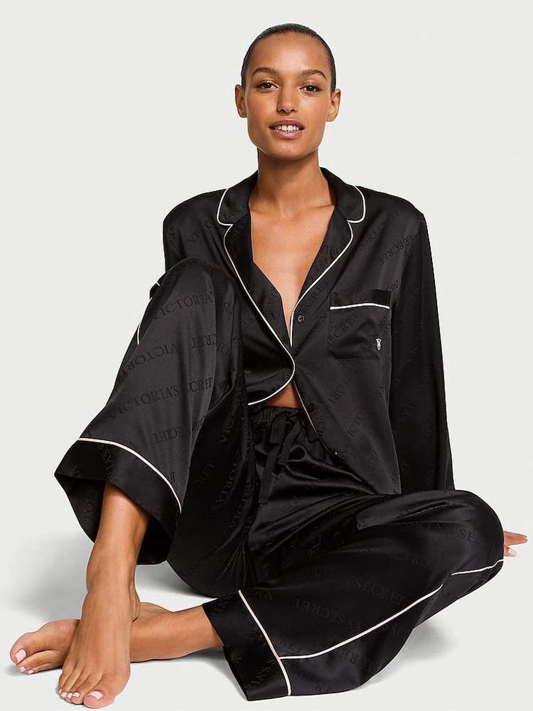Victoria's Secret Black Diagonal Logo Satin Long Pyjama Set - Image 1 of 3