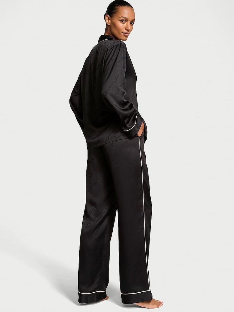 Victoria's Secret Black Diagonal Logo Satin Long Pyjama Set - Image 2 of 3