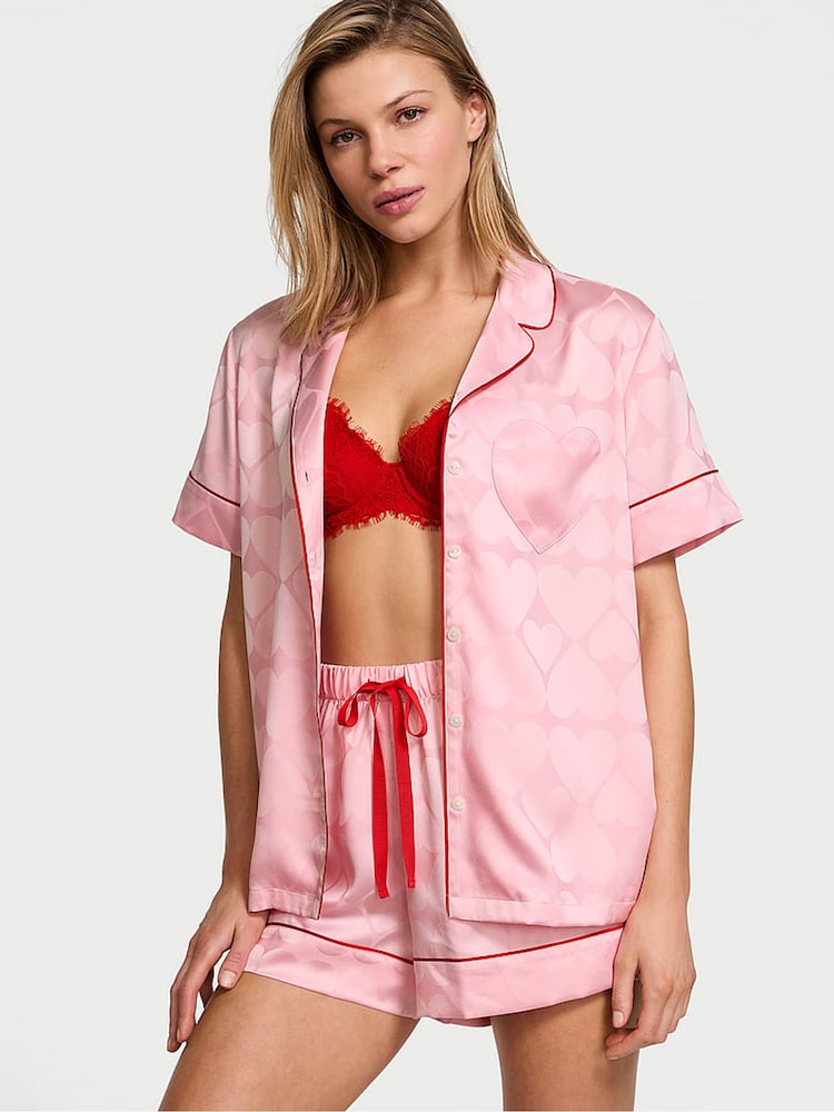 Victoria's Secret Pretty Blossom Pink Heart Pocket Satin Short Pyjama Set - Image 1 of 3