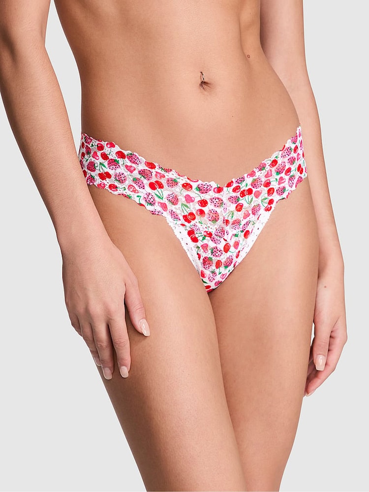 Victoria's Secret PINK White Cherry Thong Cotton Lace Trim Knickers - Image 1 of 3