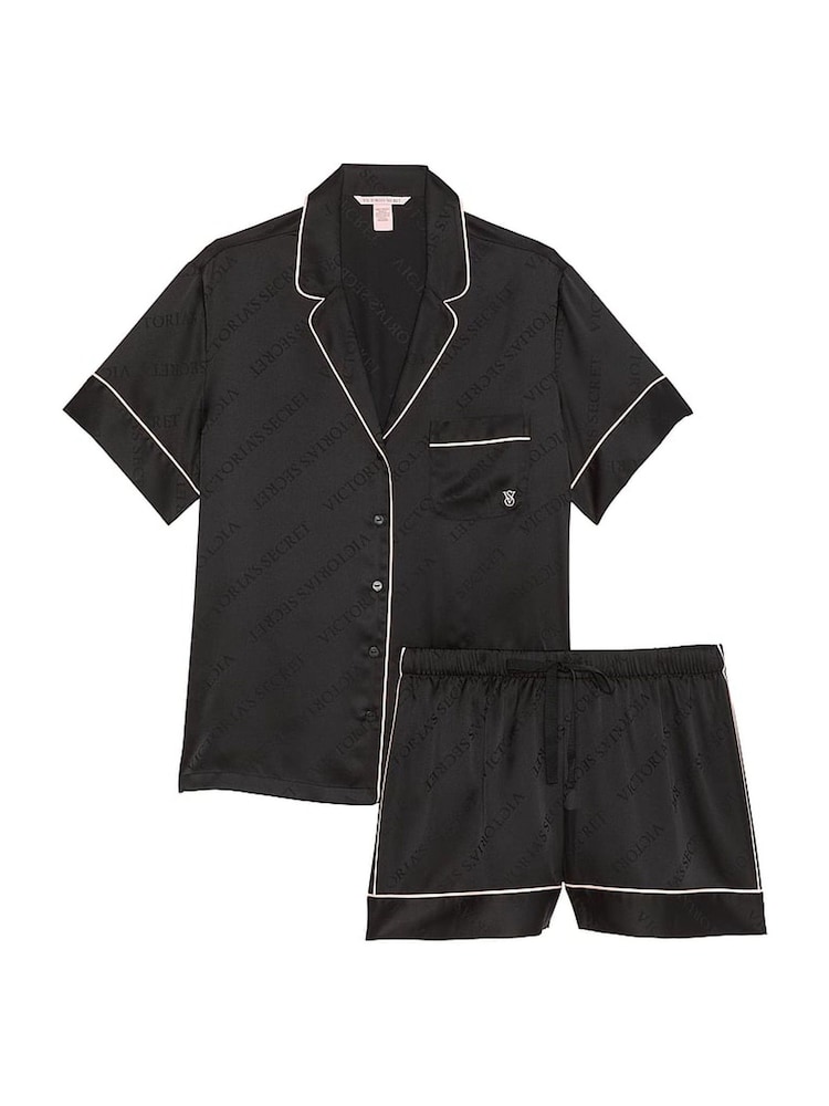 Victoria's Secret Black Diagonal Logo Satin Short Pyjama Set - Image 3 of 3