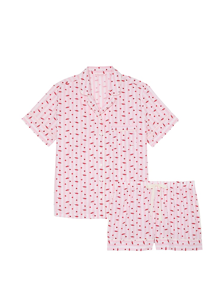 Victoria's Secret Coconut White & Pink Heart Stripes Cotton Short Pyjama Set - Image 3 of 3
