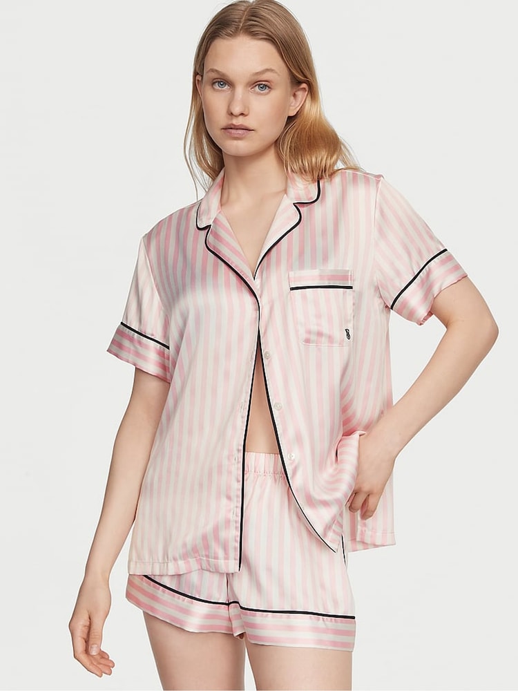 Victoria's Secret Pink Iconic Stripe Satin Short Pyjama Set - Image 1 of 3