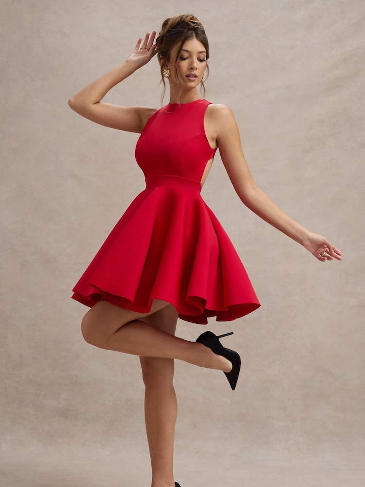 Club L London Red Waverly  Racer-Neck Sleeveless Skater Mini Dress - Image 4 of 5
