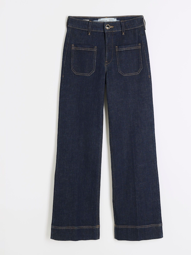 River Island Blue Navy High Waisted Pocket Front Wide Leg Jeans - Image 5 of 7