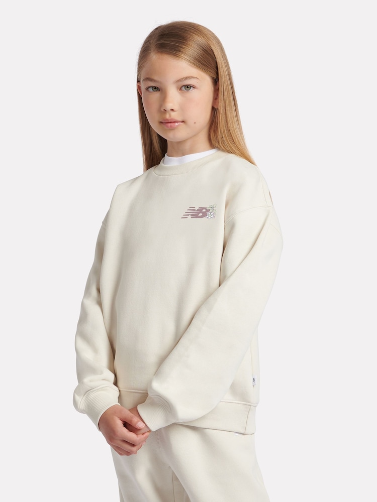 Biały - Bluza dziewczęca New Balance z okrągłym nadrukiem z motywem kwiatowym - Image 1 of 9