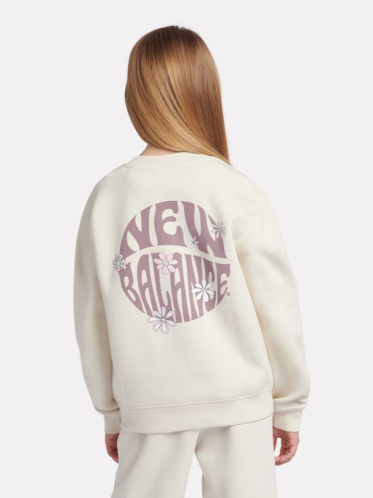 Biały - Bluza dziewczęca New Balance z okrągłym nadrukiem z motywem kwiatowym - Image 3 of 9