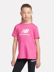 New Balance Pink Girls 100% Cotton Stacked Logo T-Shirt - Image 1 of 9